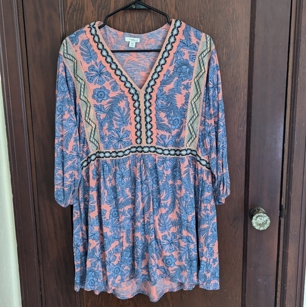 J. Jill Blue and Coral Floral Embroidered Boho Tropical 3/4 Sleeve Blouse LP